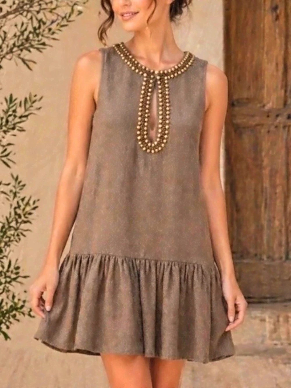 Anthropologie Beaded Keyhole Shift Dress Beaded Mini Dress Brown Size Small NWT - Picture 2 of 7